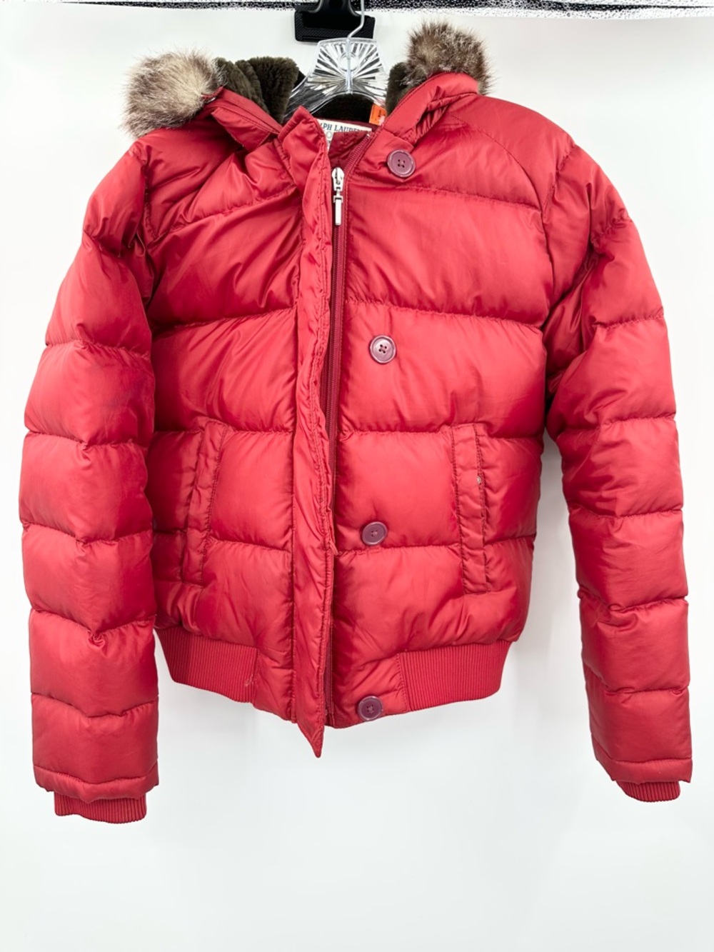 Ralph Lauren Women's Vintage Red Puffer Coat Faux Fur Hood Size Medium‎
